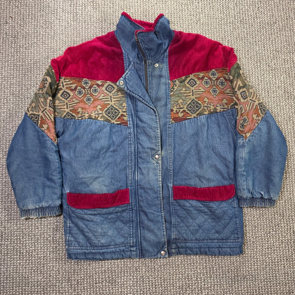 vintage BDG Southwestern Tapestry Denim Jacket Mens XL Blue Red Aztec Quilted